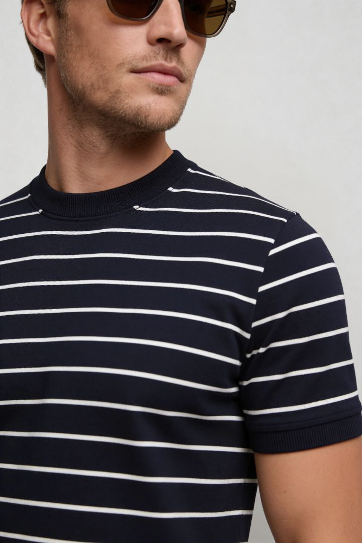 Lavencio Men’s slim fit textured cotton knit short sleeve t-shirt in navy close-up