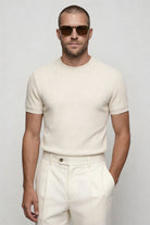 Lavencio Men’s slim fit textured cotton knit short sleeve t-shirt in cream beige front
