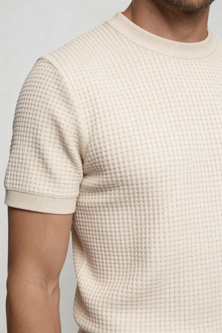 Lavencio Men’s slim fit textured cotton knit short sleeve t-shirt in cream beige close up