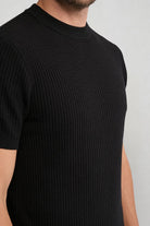 Lavencio Men’s slim fit textured cotton knit short sleeve t-shirt in cream black close up