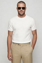 Lavencio Men’s slim fit textured cotton knit short sleeve t-shirt in cream white