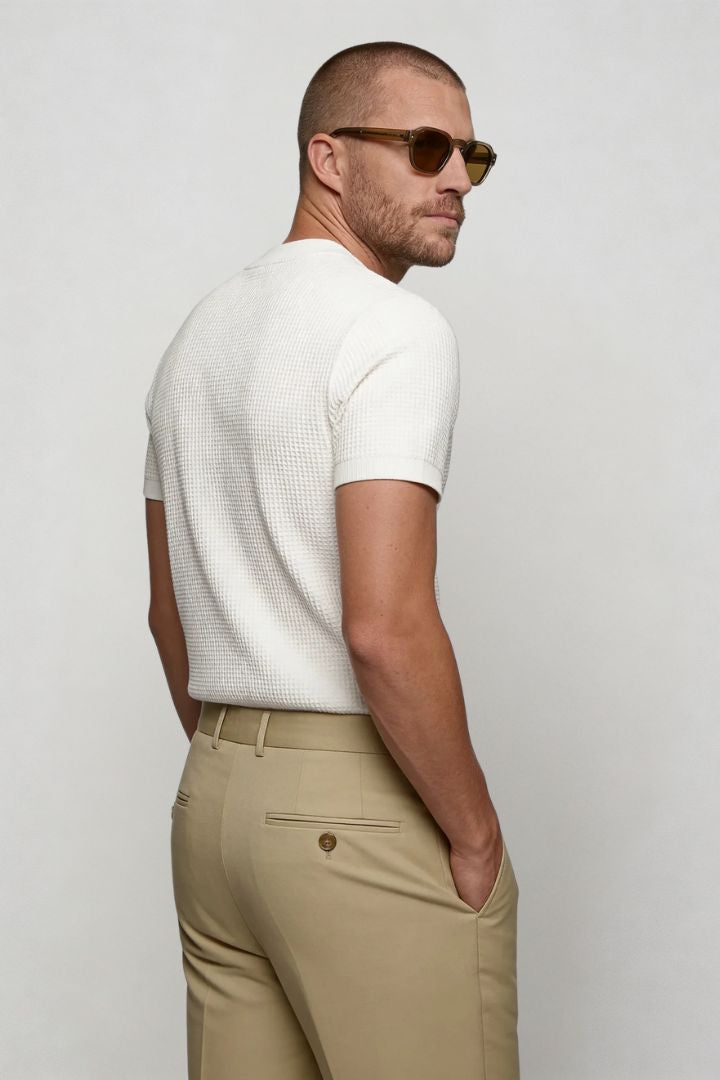Lavencio Men’s slim fit textured cotton knit short sleeve t-shirt in cream white back