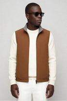 Men’s slim fit reversible lightweight zip vest for smart casual layering brown