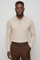 Men’s slim fit long sleeve knit polo with textured fabric and modern collar