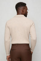 Men’s slim fit long sleeve knit polo with textured fabric and modern collar back