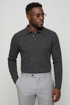 Men’s slim fit long sleeve knit polo with textured fabric and modern collar gray side