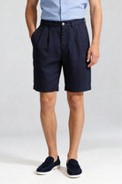 Men’s navy pleated linen shorts in breathable lyocell linen blend with tailored summer fit