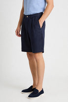 Men’s navy pleated linen shorts in breathable lyocell linen blend with tailored summer fit side view