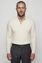 Lavencio Men’s pure wool white sweater tailored button neck knit