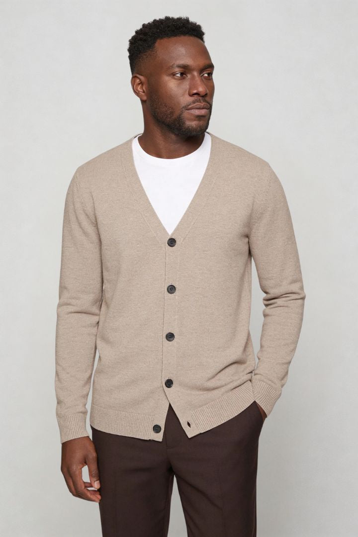 men’s beige pure wool V-neck cardigan front view