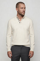 Lavencio Men’s pure wool white sweater tailored button neck knit side profile