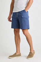 Men’s blue utility cargo shorts with drawstring waist and side cargo pockets in lightweight fabric front view