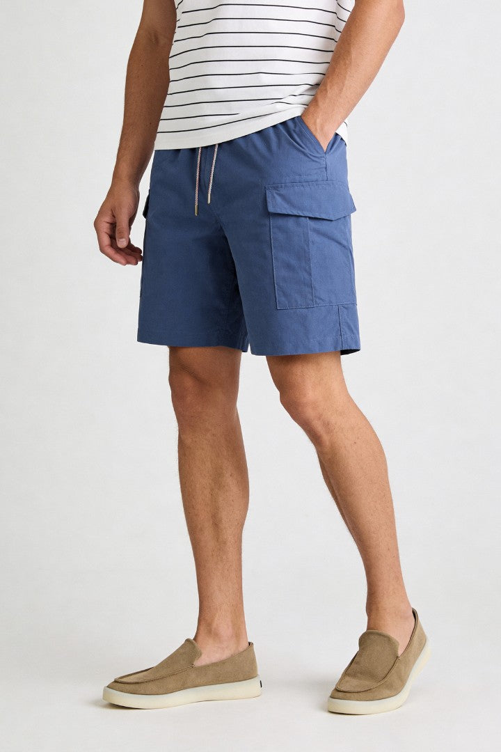 Men’s blue utility cargo shorts with drawstring waist and side cargo pockets in lightweight fabric front view