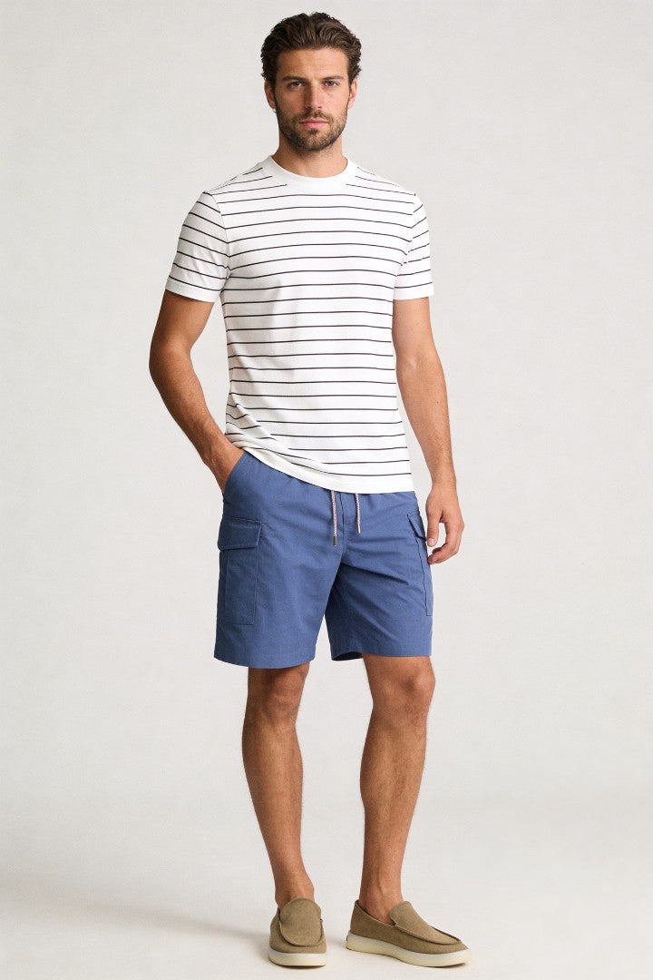 Lavencio Men’s blue utility cargo shorts with drawstring waist and side cargo pockets in lightweight fabric model shoot