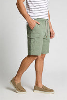 Men’s sage green utility cargo shorts with drawstring waist and side cargo pockets in lightweight fabric side view