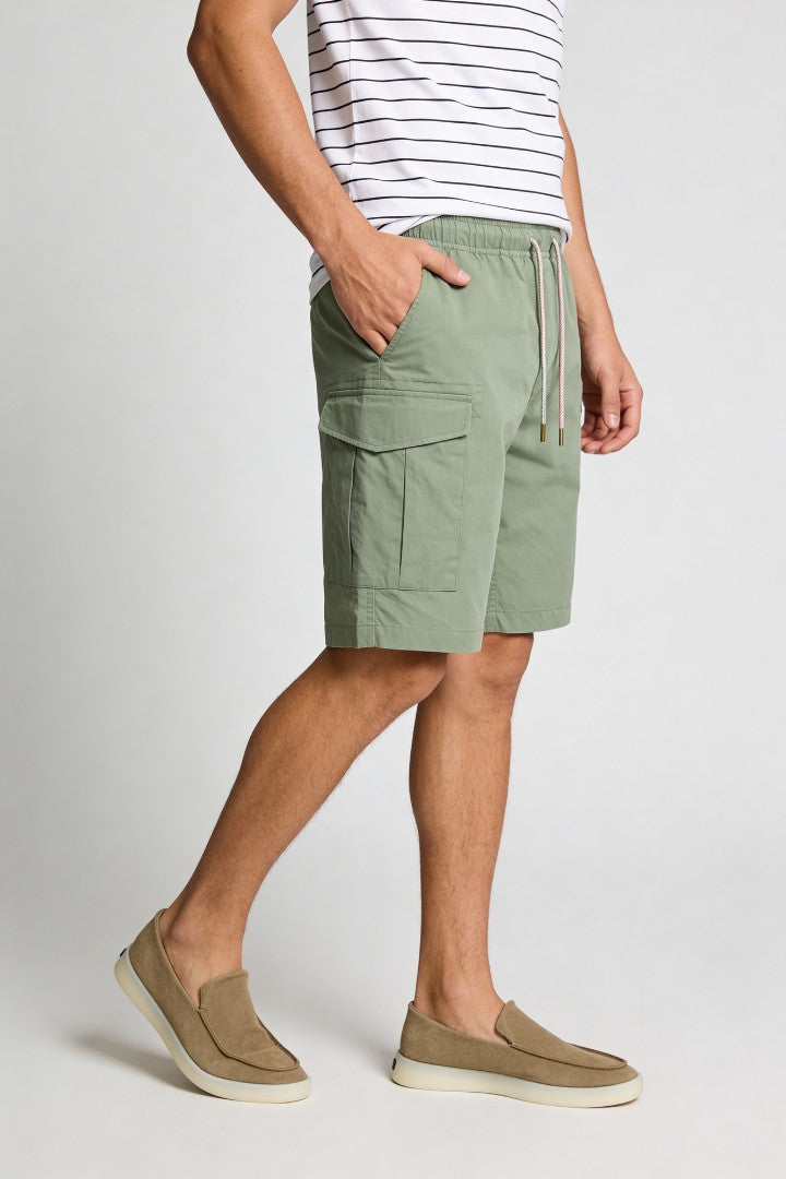Men’s sage green utility cargo shorts with drawstring waist and side cargo pockets in lightweight fabric side view