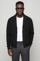 men shawl collar cotton cardigan in black front view