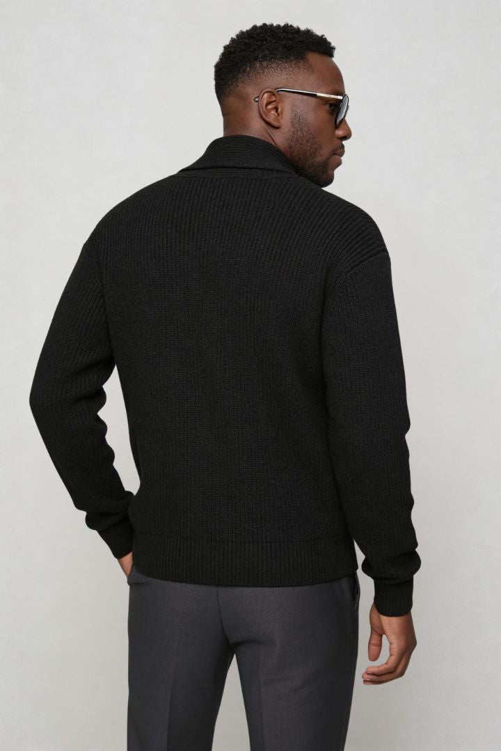 men shawl collar cotton cardigan in black back view