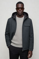 Men’s wool blend hooded zip jacket smart casual outerwear steel blue