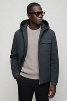 Men’s wool blend hooded zip jacket smart casual outerwear steel blue front pose