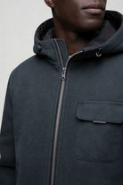 Men’s wool blend hooded zip jacket smart casual outerwear steel blue close up