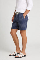 Men’s navy linen stripe shorts with drawstring waist and relaxed breathable summer fit side view