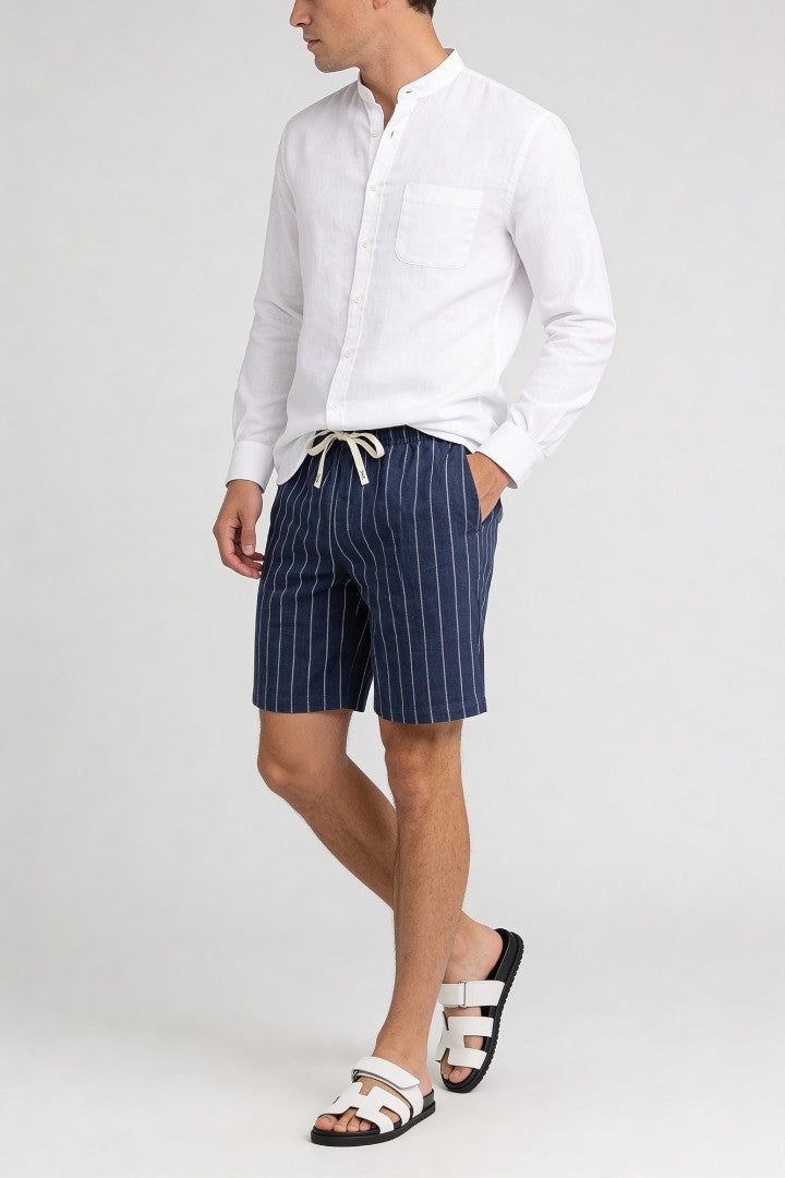 Men’s navy linen stripe shorts with drawstring waist and relaxed breathable summer fit model shoot