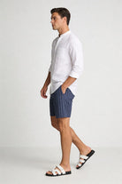 Lavencio Men’s navy linen stripe shorts with drawstring waist and relaxed breathable summer fit model shoot