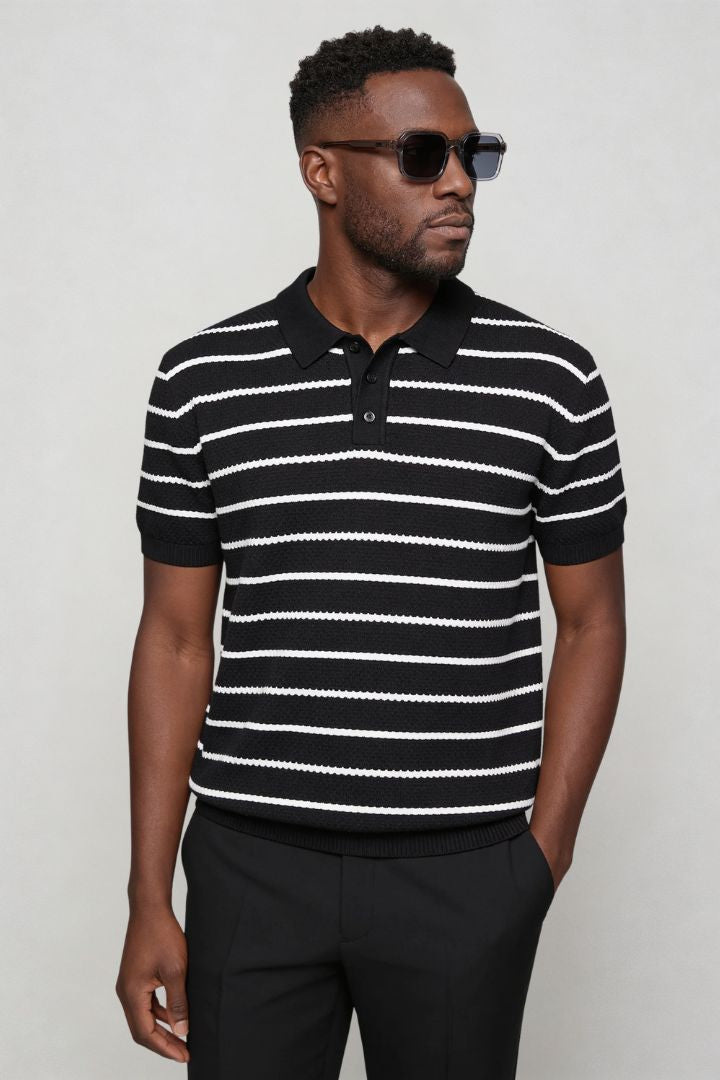 Men’s striped knit polo slim fit viscose summer sweater polo shirt side pose