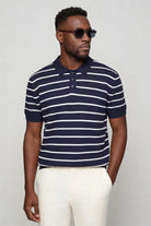 Men’s striped knit navy polo slim fit viscose summer sweater polo shirt side pose