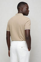 Men’s sand half zip polo shirt in stretch cotton slim fit with short sleeves and contrast collar trim bac view