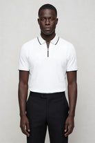 Men’s white half zip polo shirt slim fit short sleeve with contrast trim collar front view