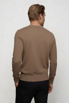 Men’s brown wool blend crew neck sweater with tailored fit lightweight knit pullover for fall back view