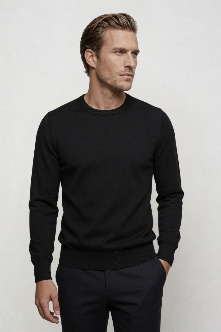 Men’s black wool blend crew neck sweater with tailored fit lightweight knit pullover for fall front view