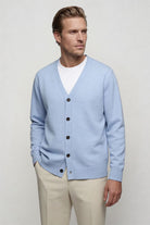 men's light blue wool v neck cardigan sweater front view pose