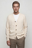 men's cream wool v neck cardigan sweater front view