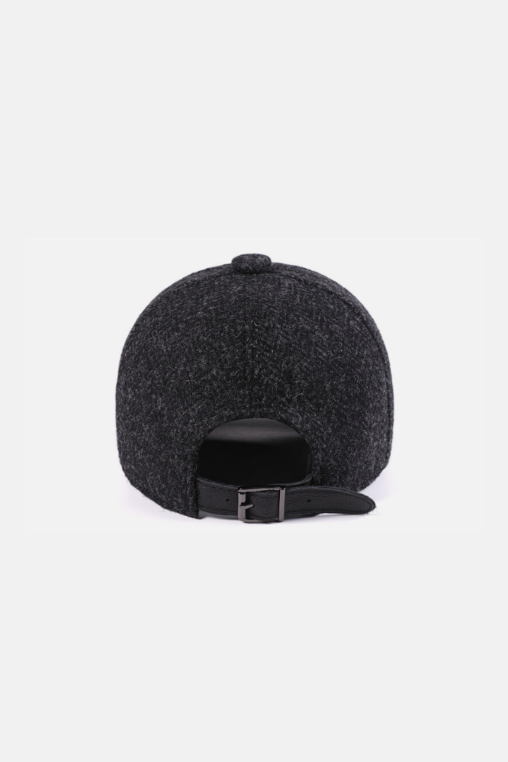 Roman pure wool baseball cap in dark tweed with adjustable leather strap for winter style