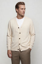 men's cream wool v neck cardigan sweater front view
