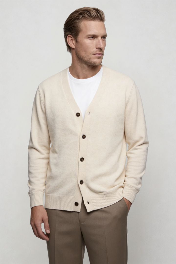 men's cream wool v neck cardigan sweater front view