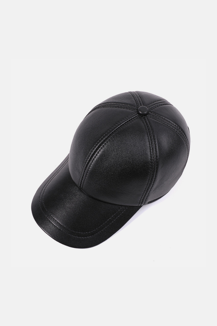Men’s black genuine leather baseball cap with structured crown and curved brim