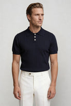 men navy ribbed knit polo shirt slim fit front view