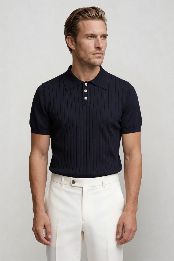 men navy ribbed knit polo shirt slim fit front view