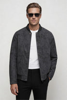 Men's gray faux suede bomber jacket lightweight modern trucker style jacket soft suede look front view