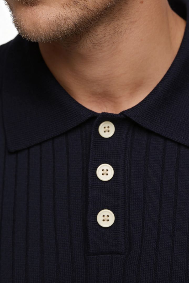 men navy ribbed knit polo shirt slim fit close up button detail