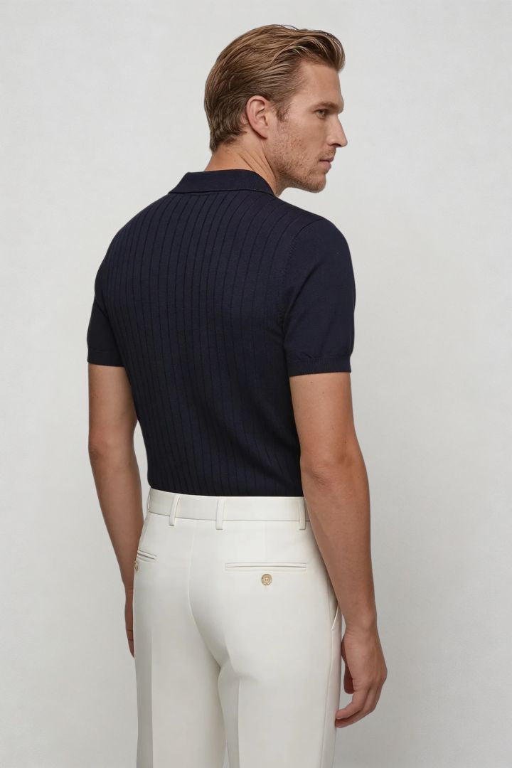 men navy ribbed knit polo shirt slim fit back view