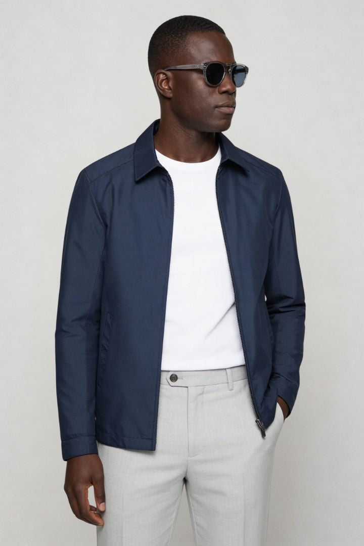 Walker Lightweight Essential Jacket – Navy Lightweight Polyester – Structured Zip Front – Modern Fit – Front View