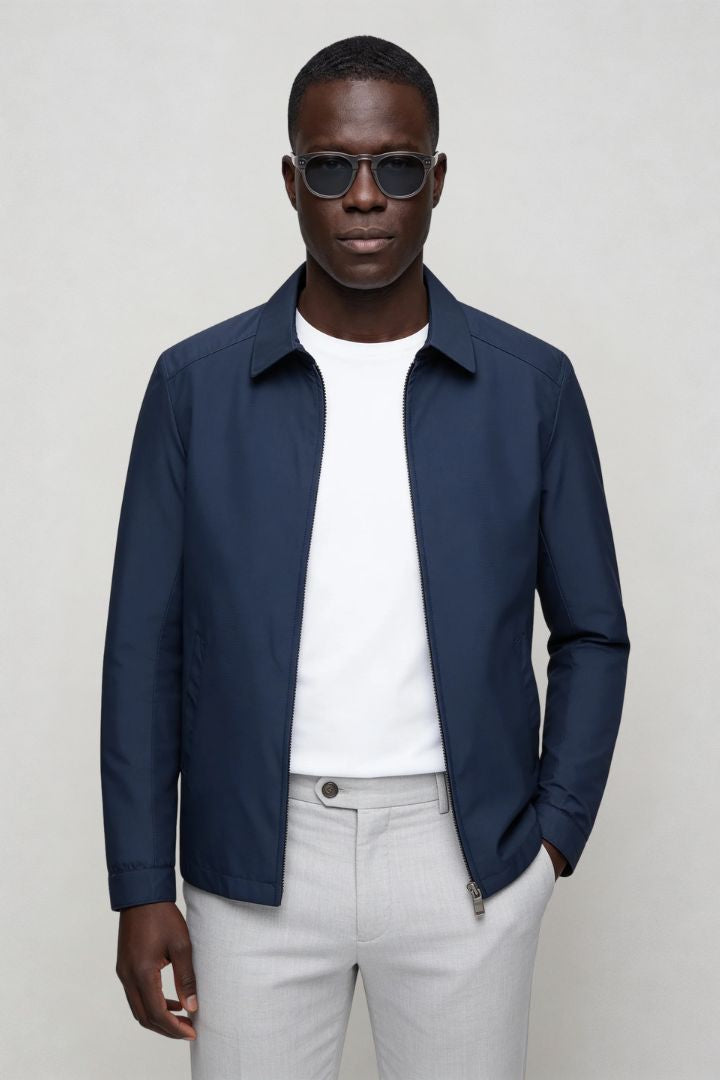 Walker Lightweight Essential Jacket – Navy Lightweight Polyester – Structured Zip Front – Modern Fit – Front View