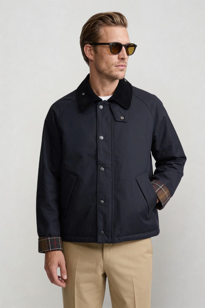 men navy corduroy collar barn jacket front view