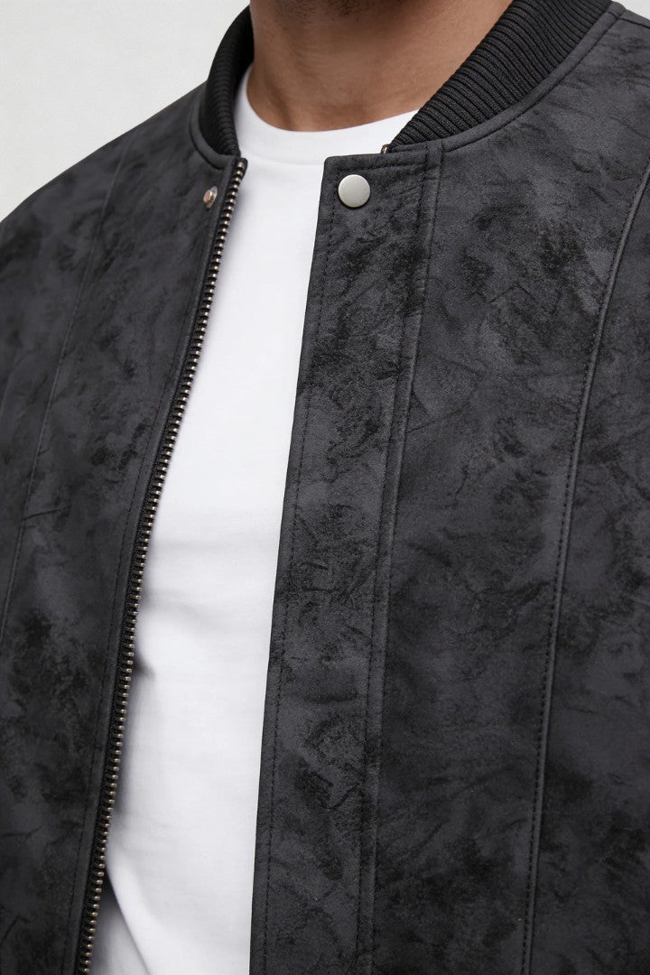 Men's gray faux suede bomber jacket lightweight modern trucker style jacket soft suede look close-up