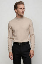 men’s beige 100% wool crewneck sweater lightweight smart casual pullover pose
